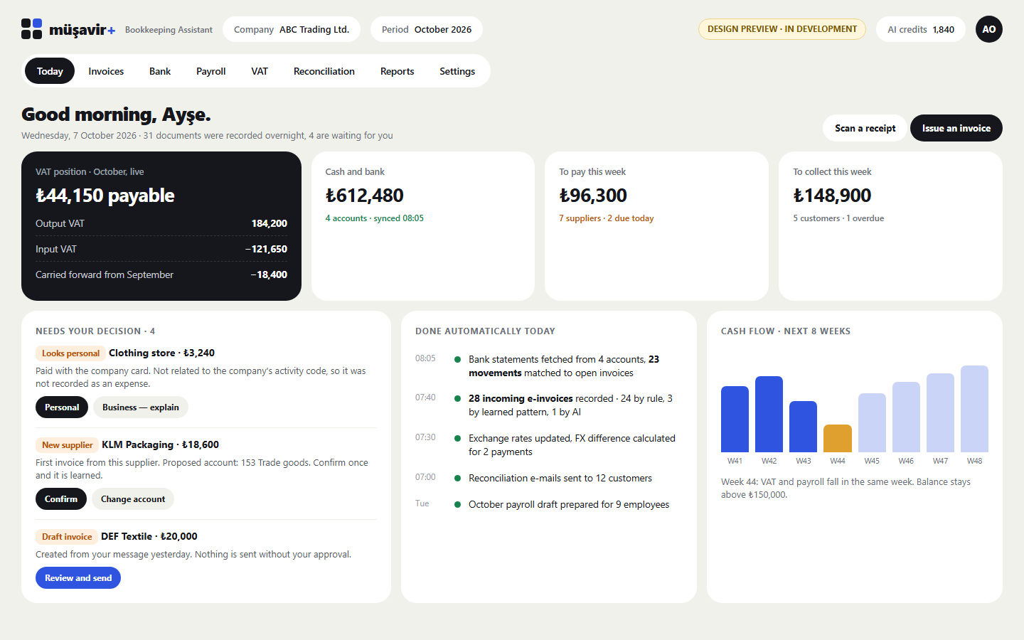 Design preview — daily overview with live VAT position